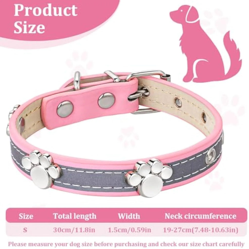 Reflective adjustable dog collar made of soft PU leather with metal buckle and paw-shaped rivet.