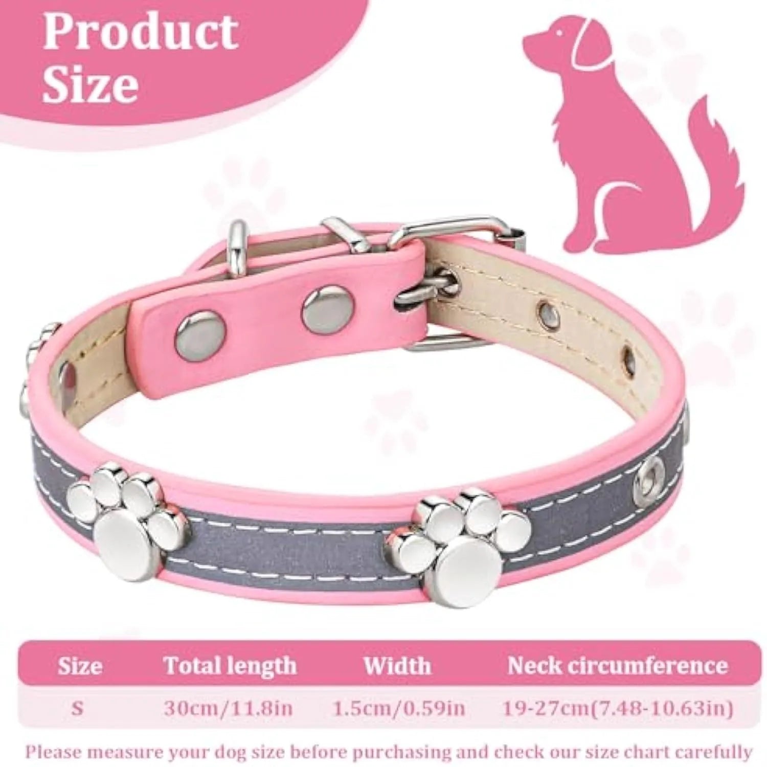 Reflective adjustable dog collar made of soft PU leather with metal buckle and paw-shaped rivet.