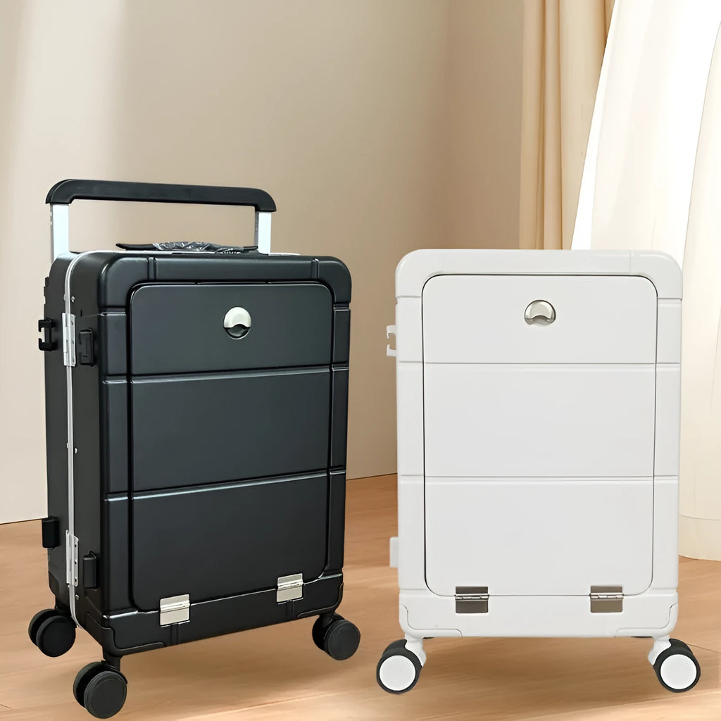 20-inch front opening suitcase in black showing separate dry and wet compartments with universal wheels