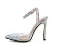Women's pointed toe stiletto heel sandals with diamond decoration on the PVC upper.