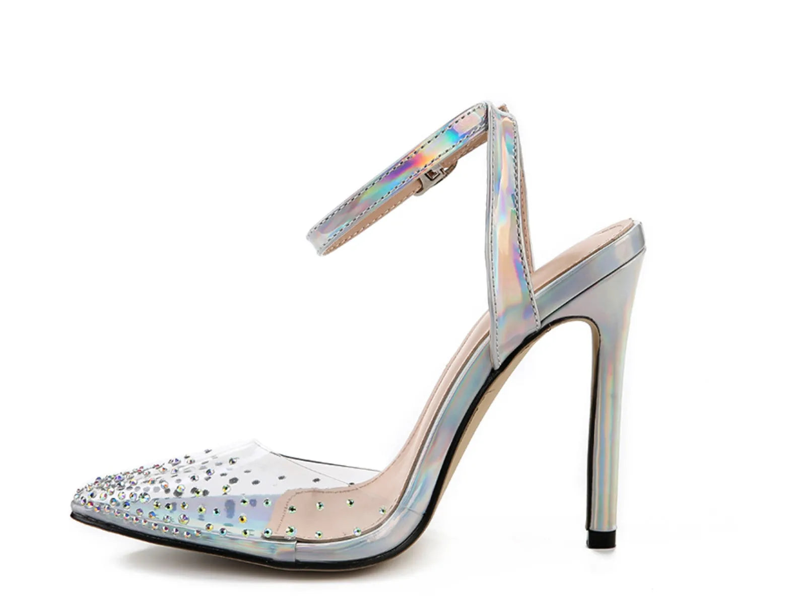 Women's pointed toe stiletto heel sandals with diamond decoration on the PVC upper.