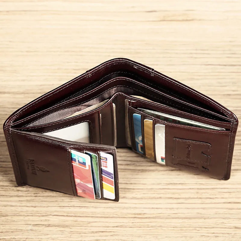 Men's leather wallet showing multiple compartments including card slots and change pocket