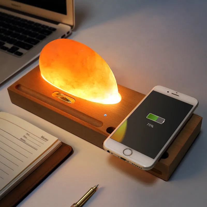 Sunrise Oriental salt lamp with beech wood base, natural salt block, and Qi wireless charging pad