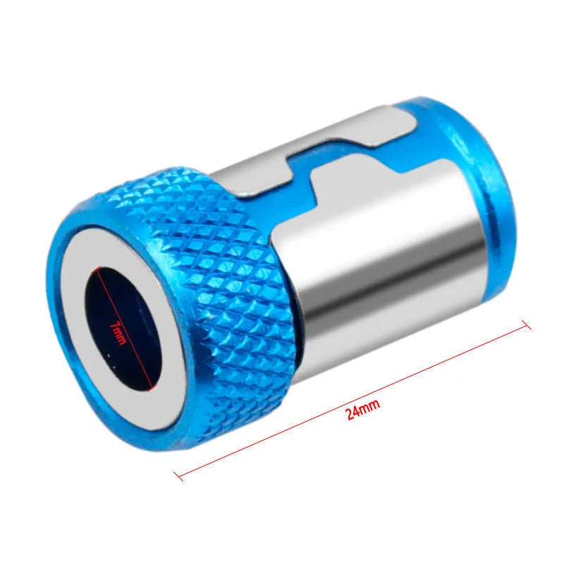 Light blue magnetic screwdriver bit with slotted head and magnetic ring