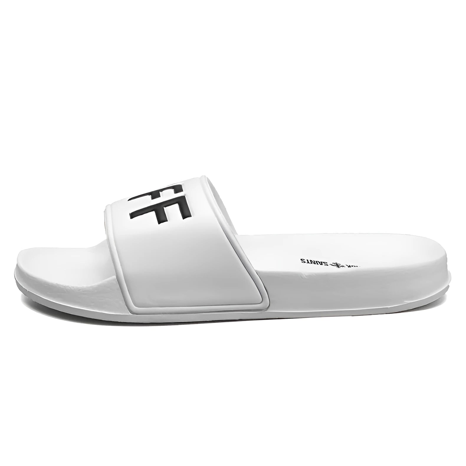 Men's black and white open toe slippers with a rubber sole, shown in large sizes.