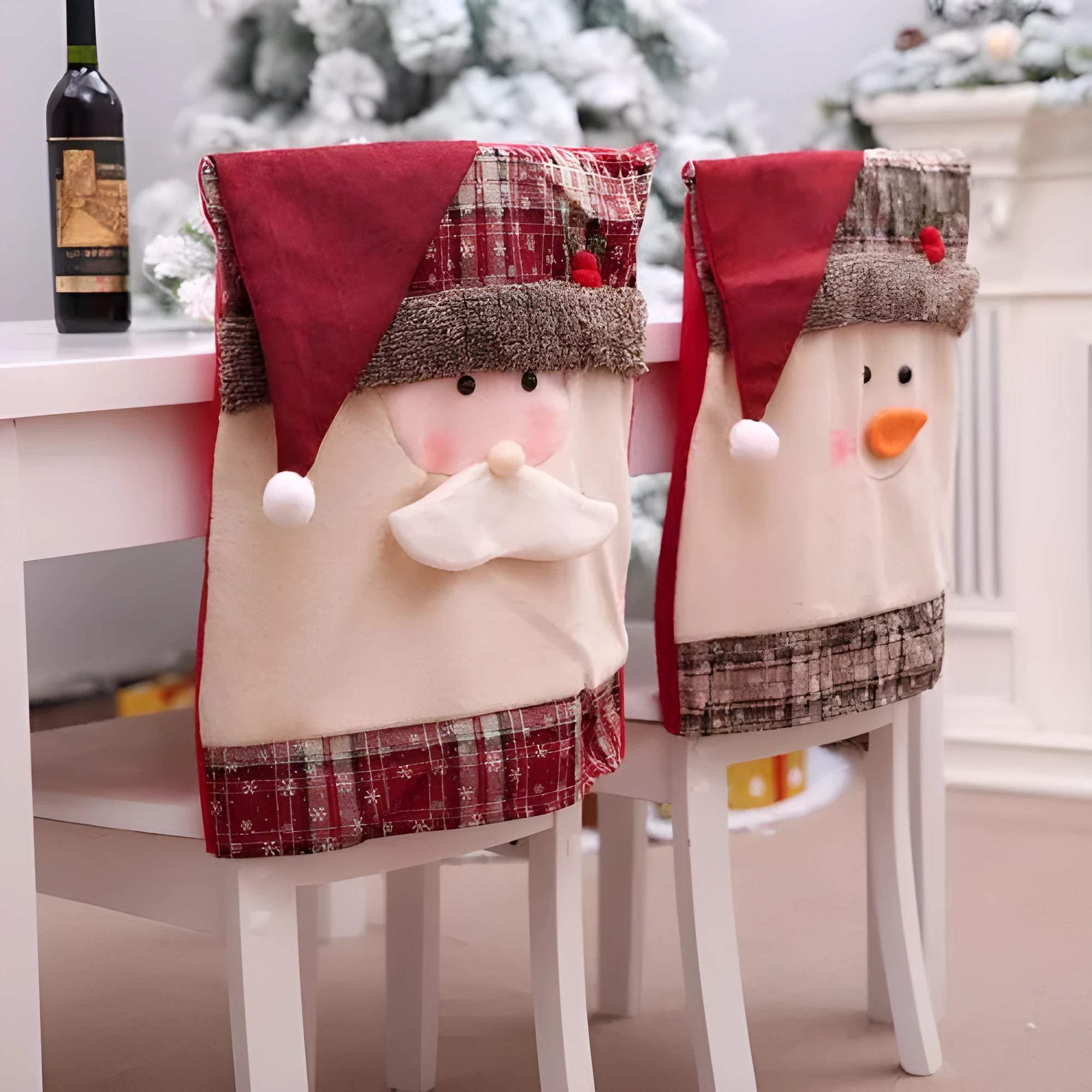 Christmas chair set with Santa Claus and Snowman covers and red Santa hat on standard dining chairs