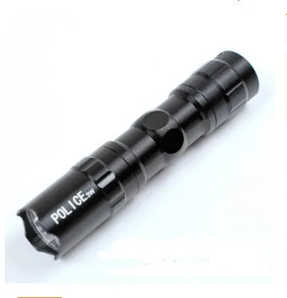 Aluminium alloy mini LED flashlight measuring 9.5cm long, available in black, blue, or red colours