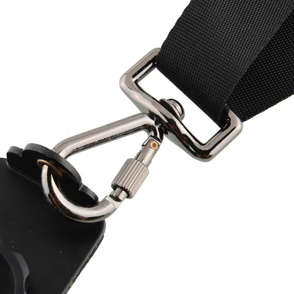Black professional dual SLR camera strap with shoulder pads shown holding two cameras.