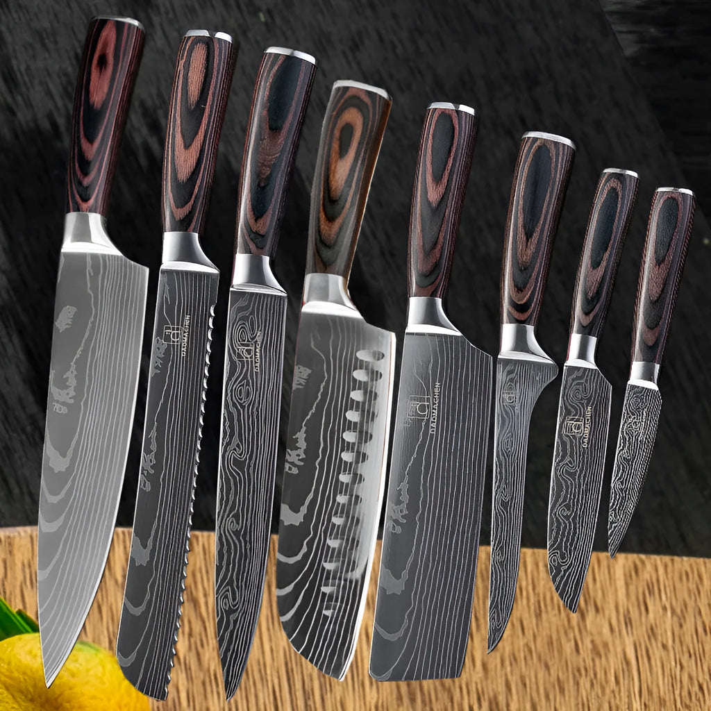 Chef knife set with 7CR17 steel blade, laser Damascus pattern, 18cm length, colour steel handle