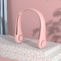 Pink USB rechargeable bladeless neck fan worn around neck, showing flexible band and air vents.