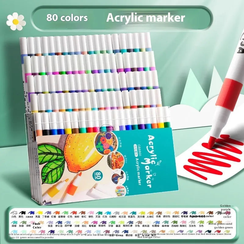 Acrylic marker pen set showing multicoloured plastic markers arranged by colour
