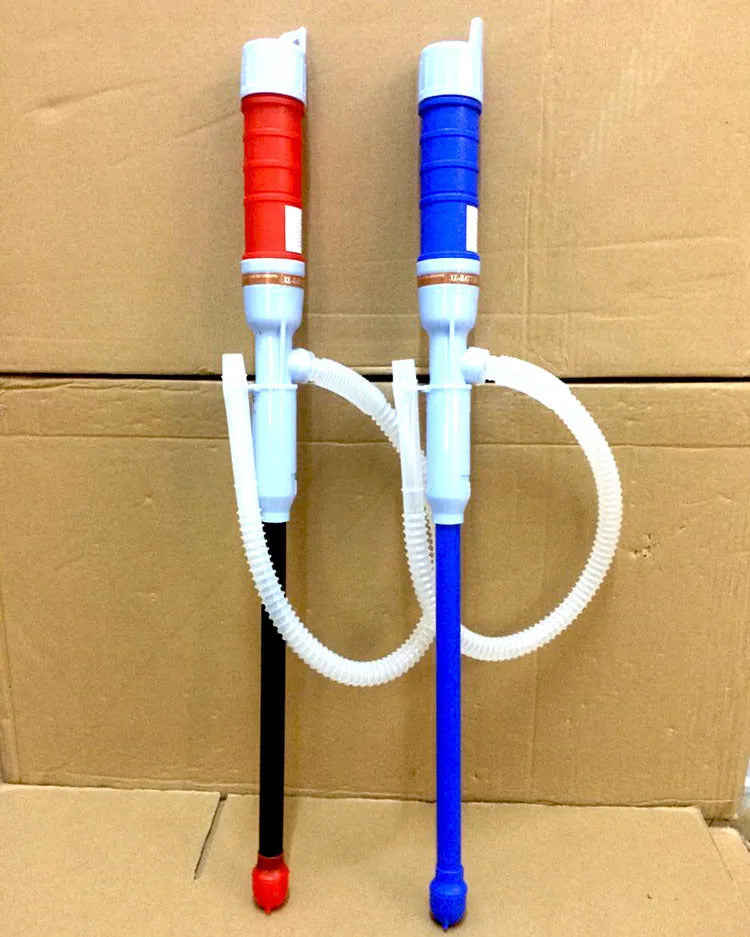 Blue manual hand siphon pump for transferring gasoline and oil.