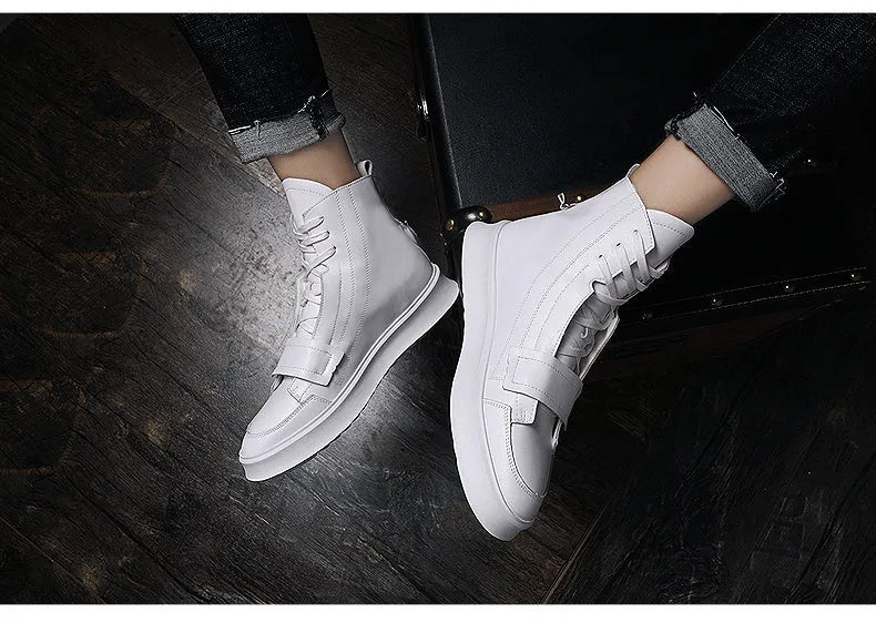 Men's black PU leather ankle boots in a high-top sneaker winter style