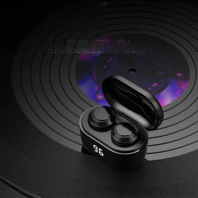 Black stereo Bluetooth headset showing earbud design with wireless connectivity features