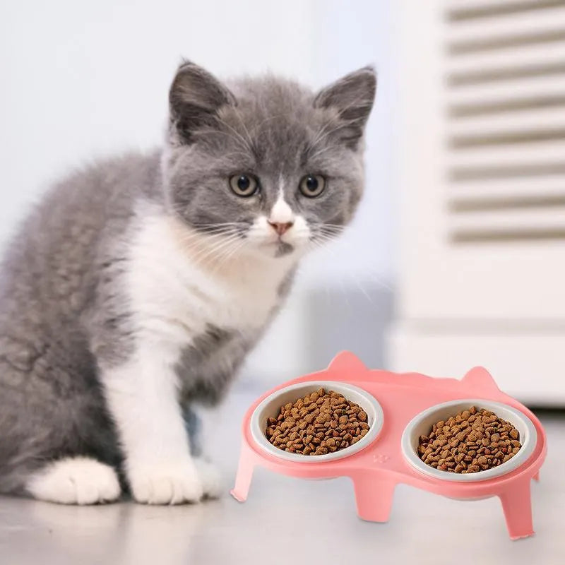Ceramic cat food and water bowl set on elevated stand with hook design in blue colour