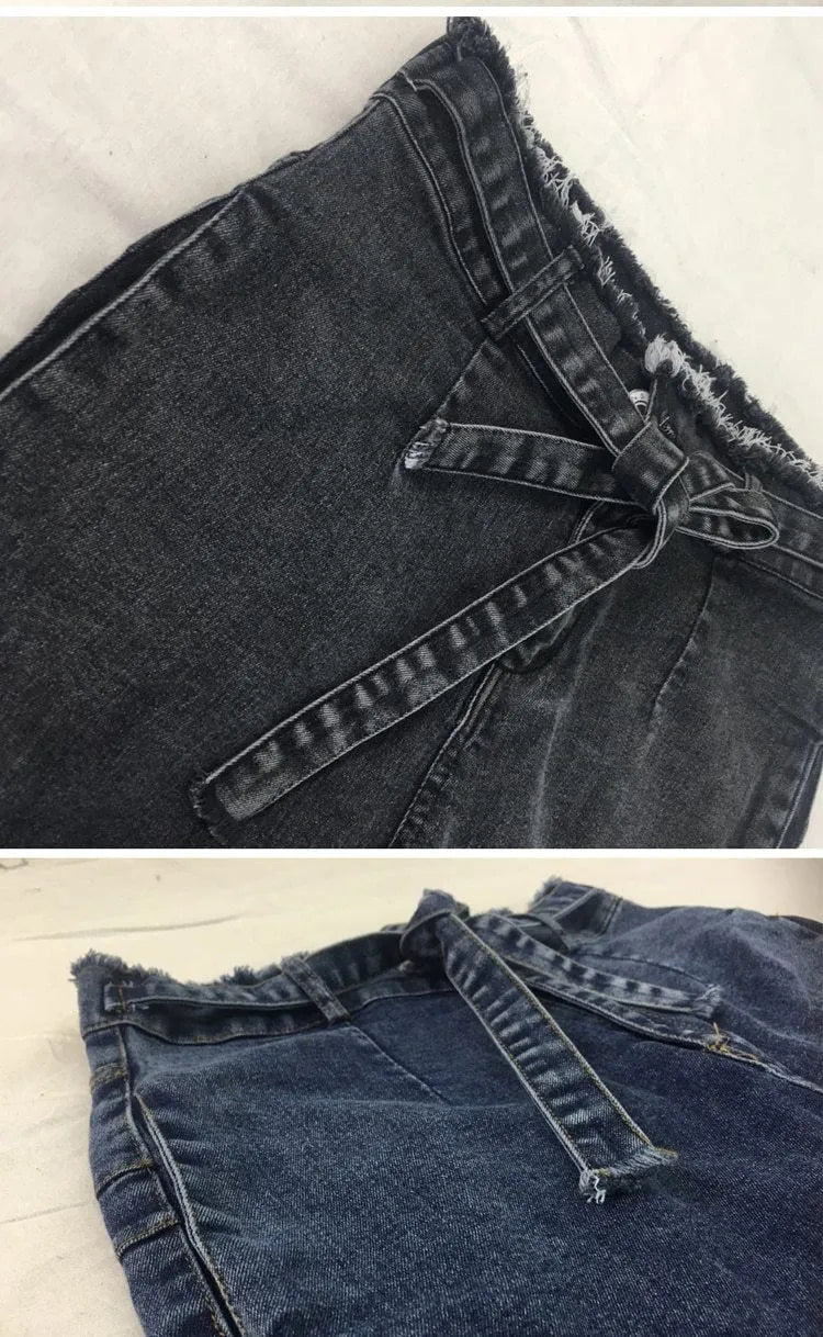 Women's fringed jeans in Cowboy denim, showing fringe detail on leg, available in dark blue, grey, and light blue.