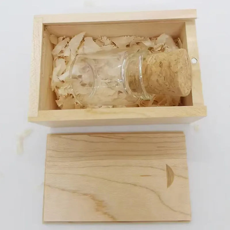 Wooden wish bottle USB flash drive with transparent design measuring 60mm by 28mm