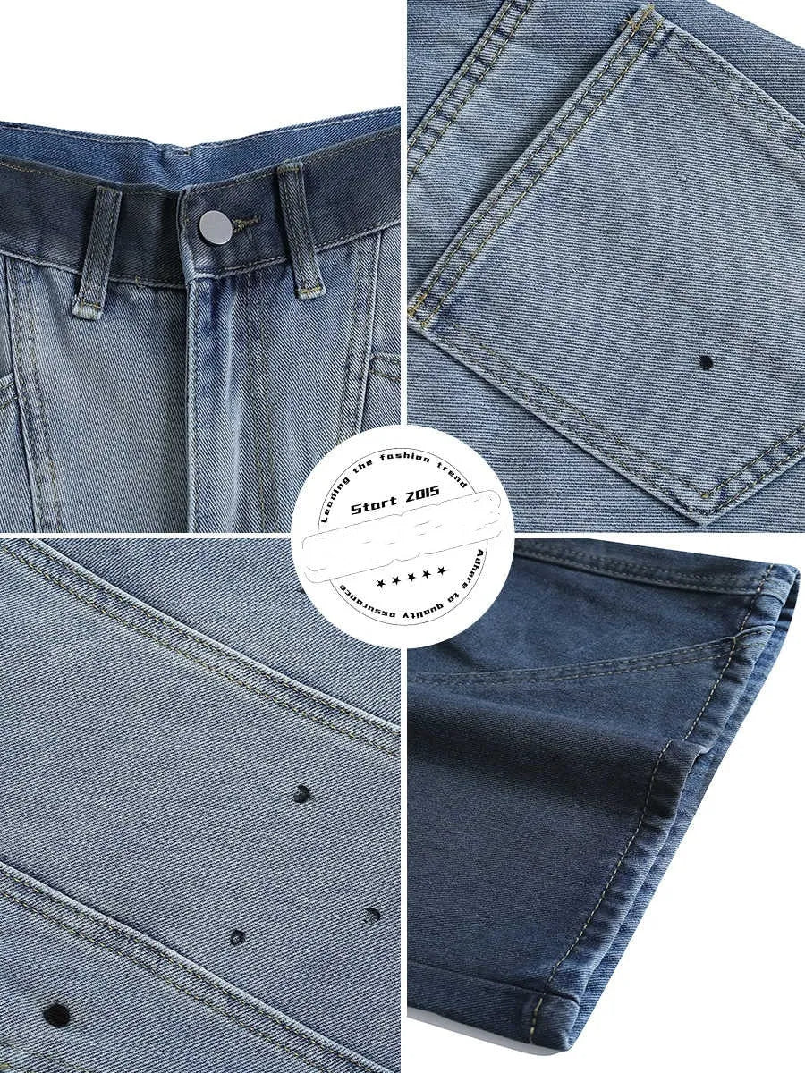 Tie-dye gradient worn looking washed-out cropped jeans in blue with mid waist loose fit