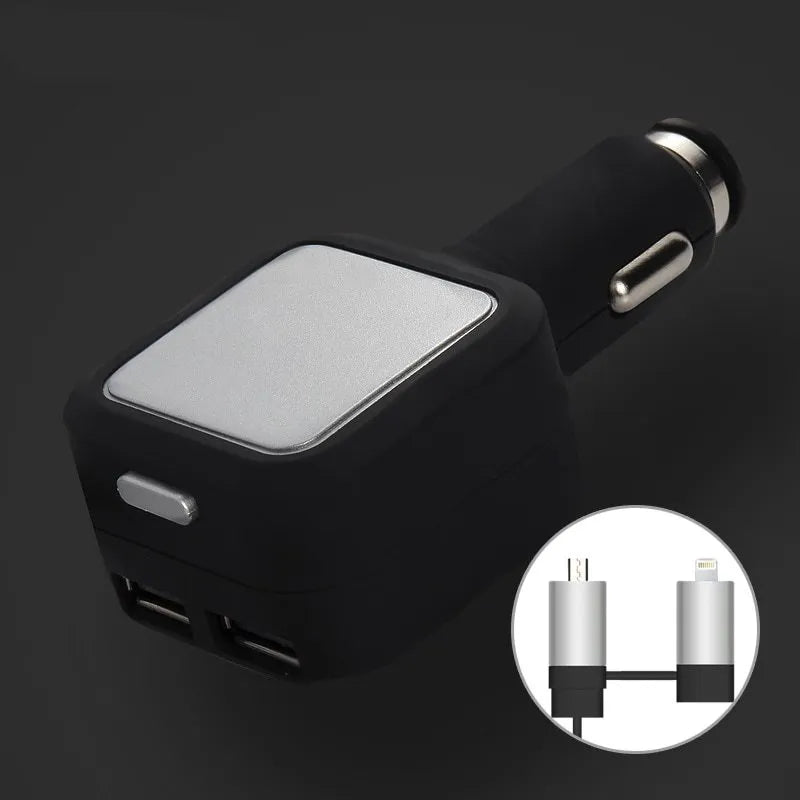 2 in 1 dual USB retractable car charger in black and silver with a retractable cable and two USB ports for mobile device charging