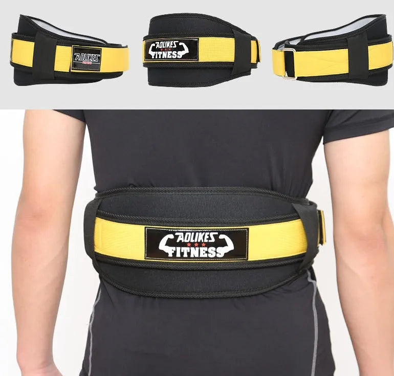 Nylon fitness weightlifting waistband belt in black, red, or yellow colour.