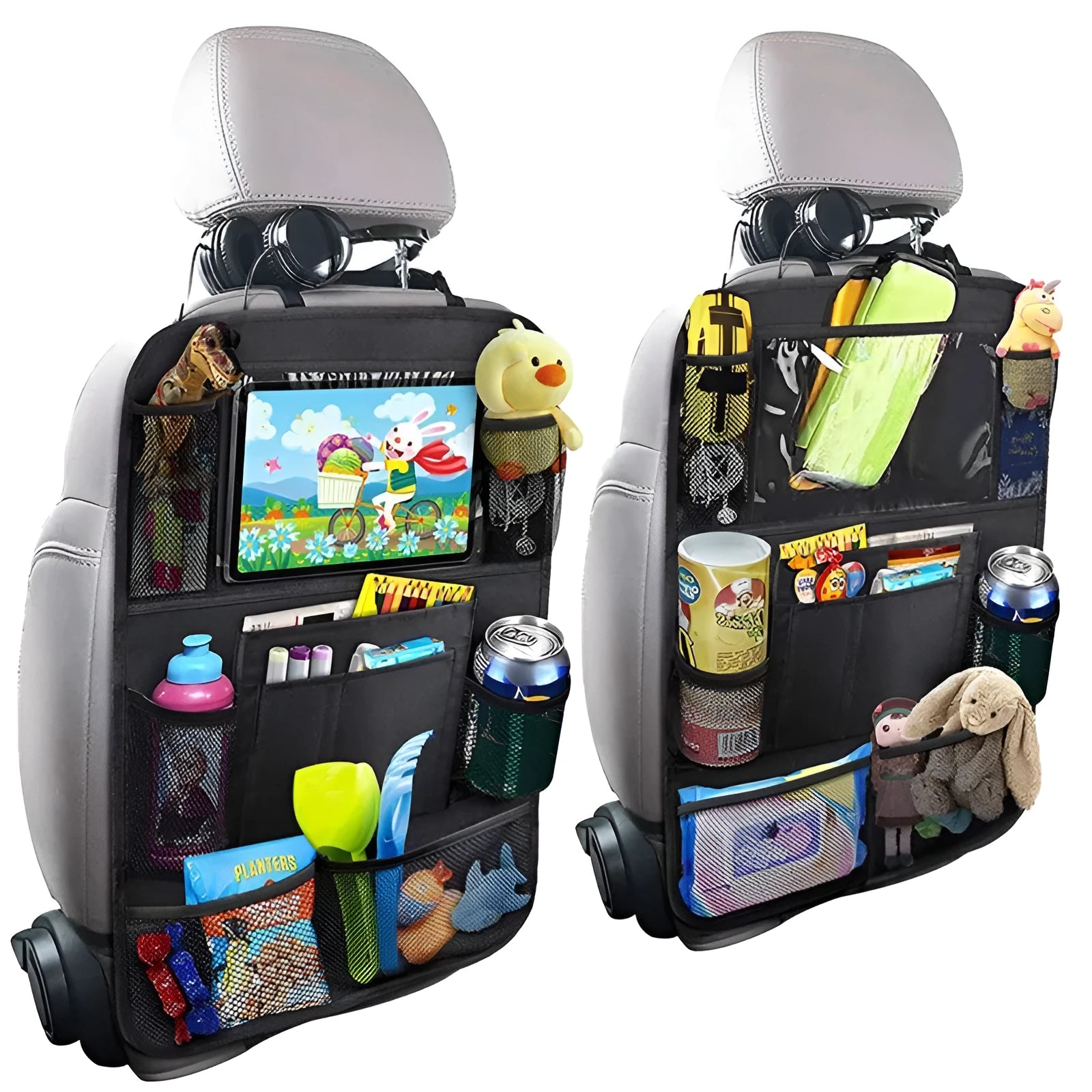 Black car storage bag made from Oxford fabric, measuring 61 cm by 41 cm, attached to a car seat back pocket