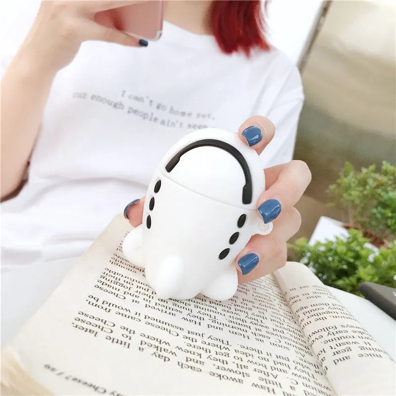 Silicone flip protective case for AirPods with aircraft headset cartoon design and metal hook