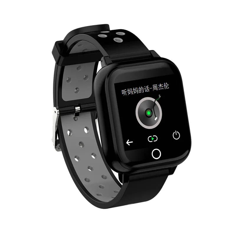 Black smart watch with integrated Bluetooth earphones showing heart rate display on 1.4-inch screen
