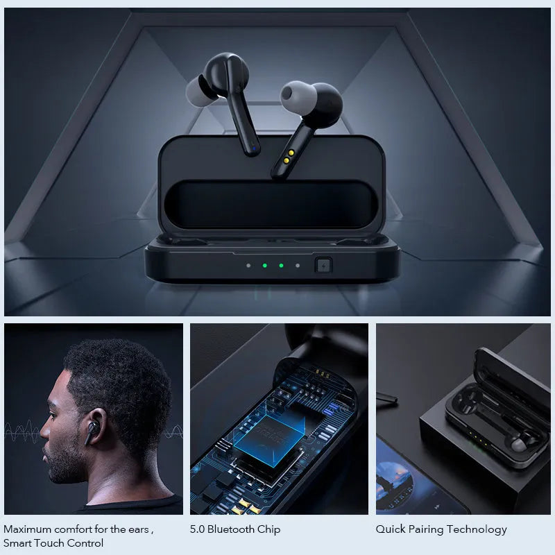 Black and white TWS wireless Bluetooth earbuds with IPX5 waterproof rating