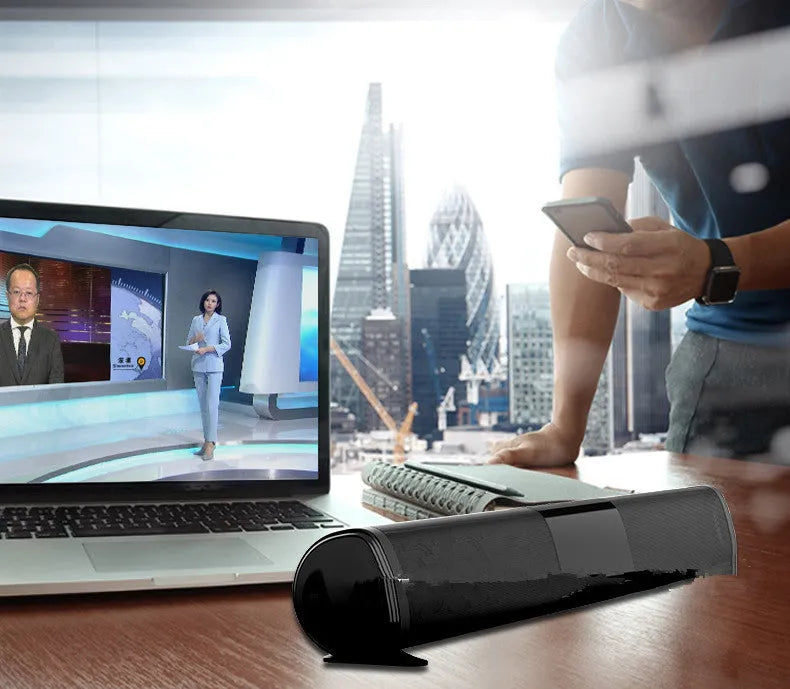 High-power Bluetooth soundbar speaker in black with PVC+ABS shell, 4x5W output, TF card slot and USB port
