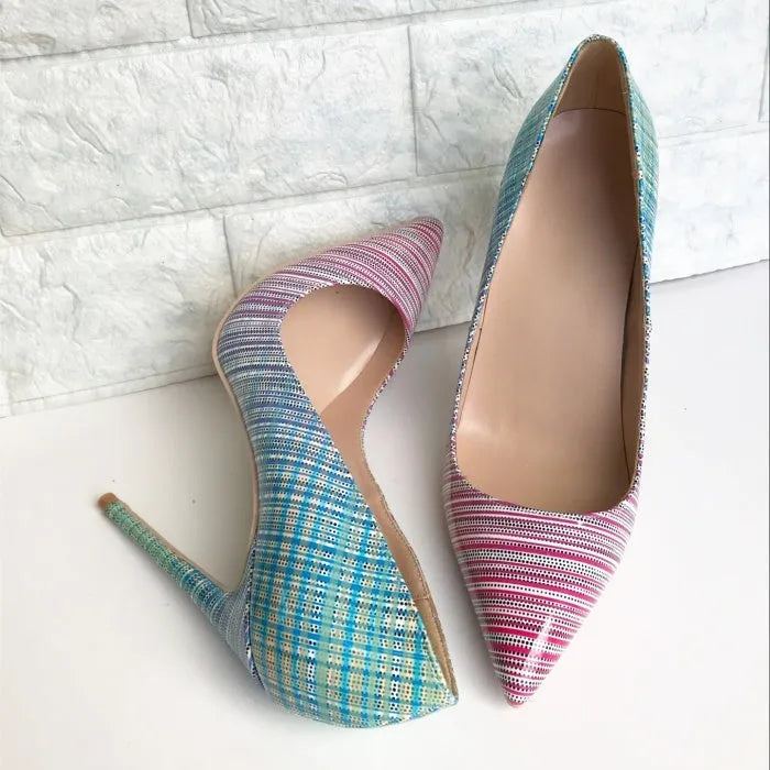 Women's pink-blue gradient patent leather high heels with pointed toes and choice of heel heights