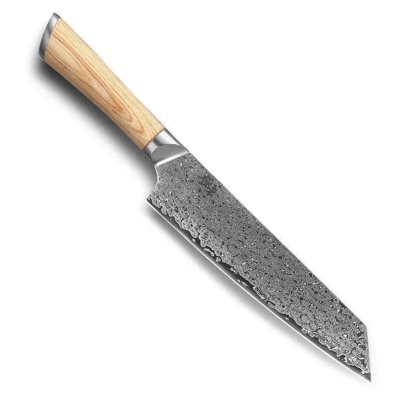 Damascus kitchen knife set with 67-layer steel blades and V gold core, 8-piece on a cutting board