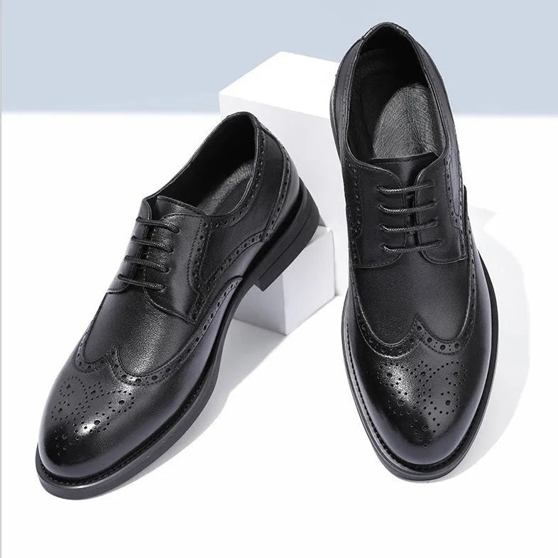 Men's black and brown brogue Oxford lace-up business shoes on a white background.