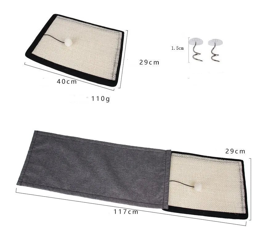 Beige cat scratch board sisal pad 40x29cm on a sofa armrest for furniture protection