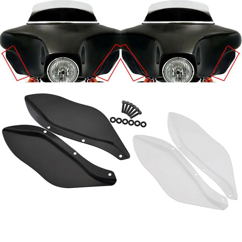Harley Davidson motorcycle side wing head covers in black and transparent options for Touring models