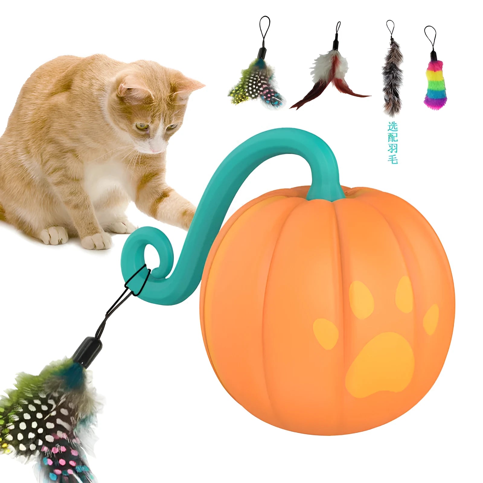 Electric cat toy luminous ball in pumpkin colour on floor