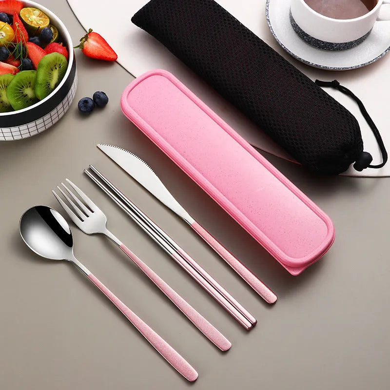 304 stainless steel portable cutlery set with knife fork spoon and gold mesh bag on table