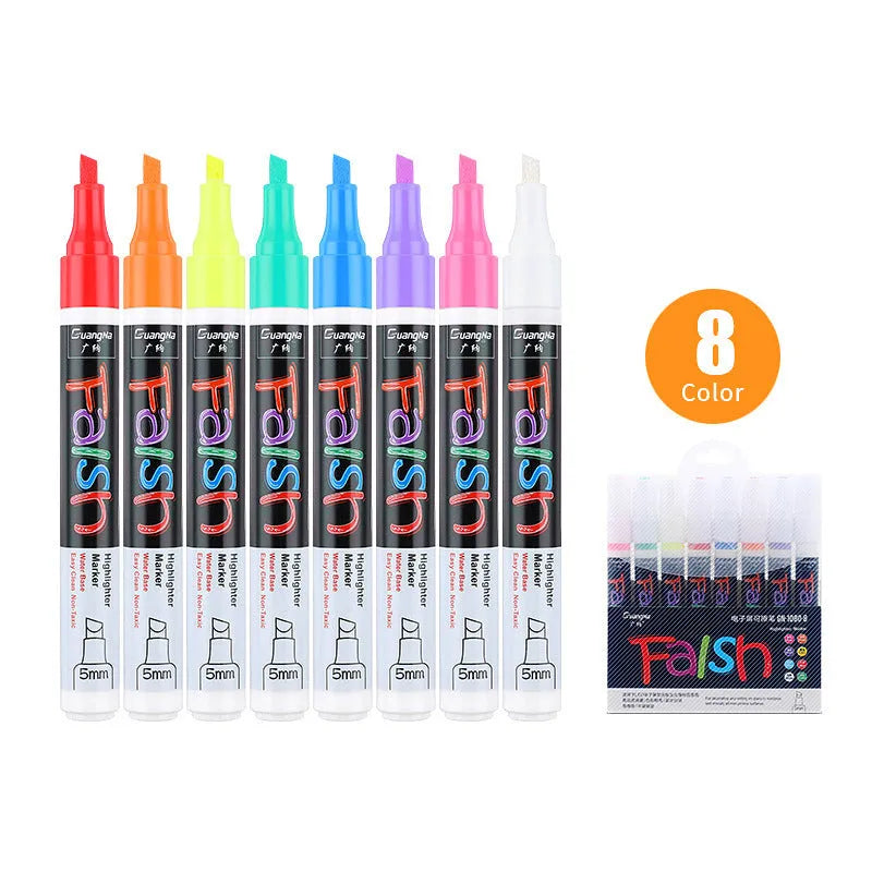 Electronic fluorescent plate highlighter with plastic shell and oblique tip, showing 8-colour and 12-colour set options.