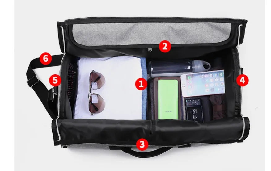 Cylinder-shaped travel bag in Oxford cloth with zipper opening and internal pocket