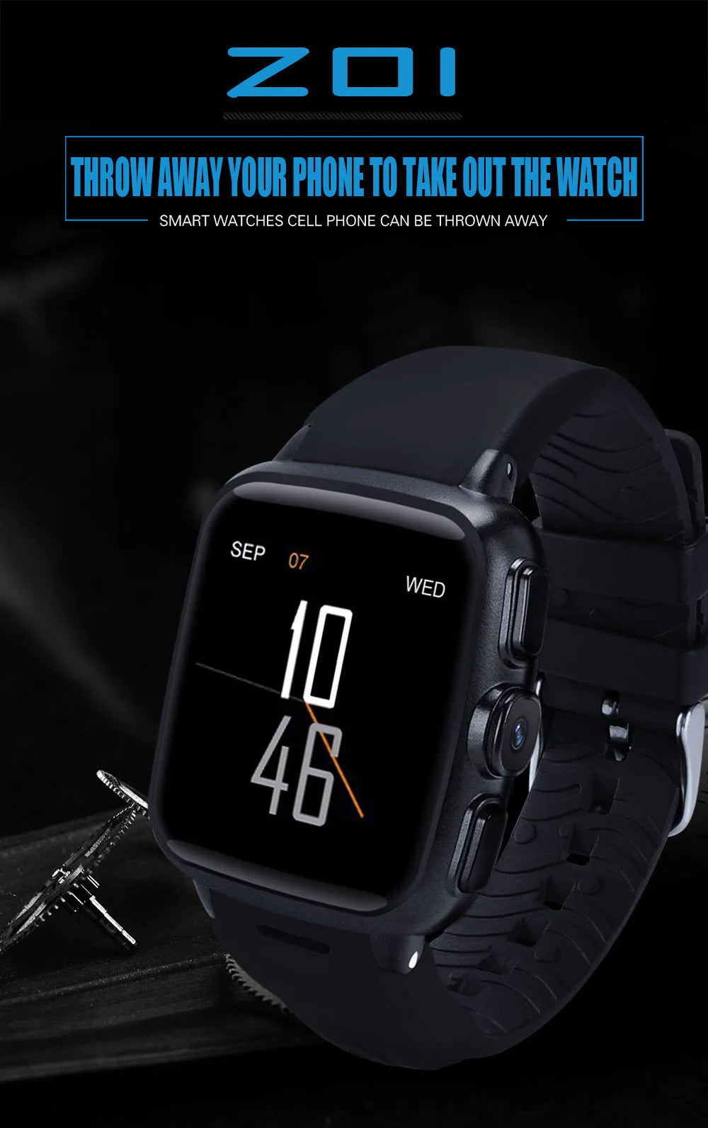 Android smart watch with touchscreen display showing interface, available in black and white colours