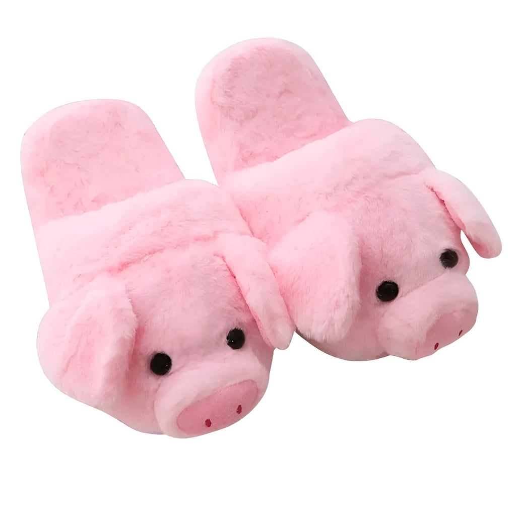 Pink pig-shaped floor slippers with short plush material and PP cotton filling on size chart