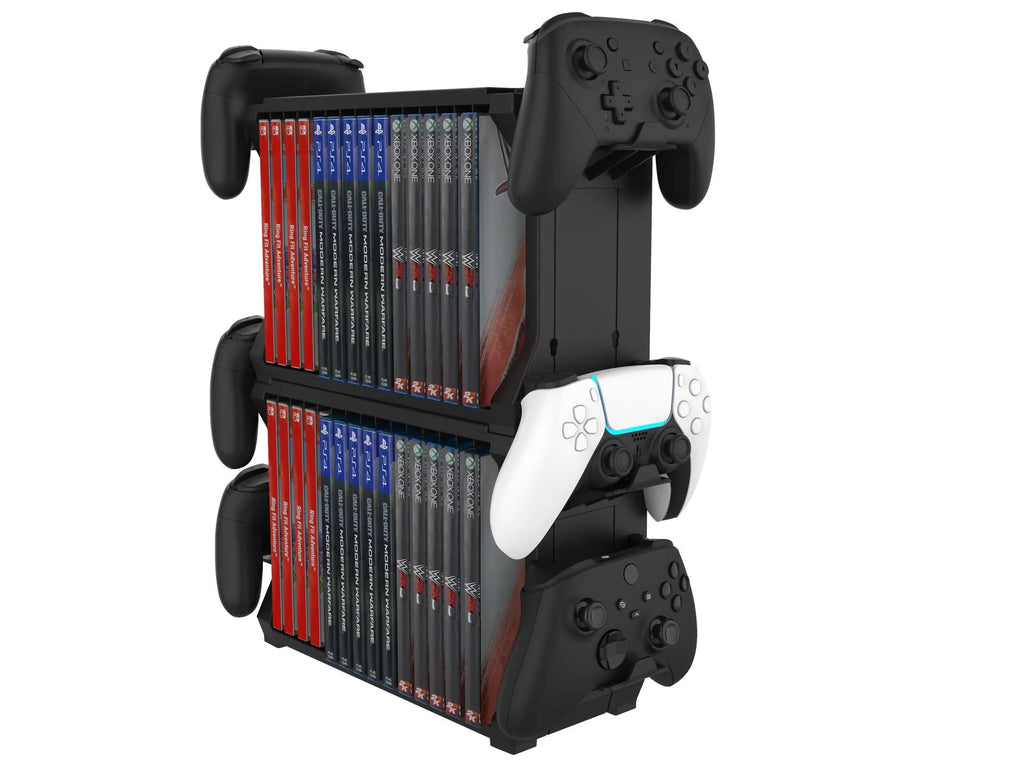 Black PS5 disc holder and console stand with game cartridge compartments and controller charging dock
