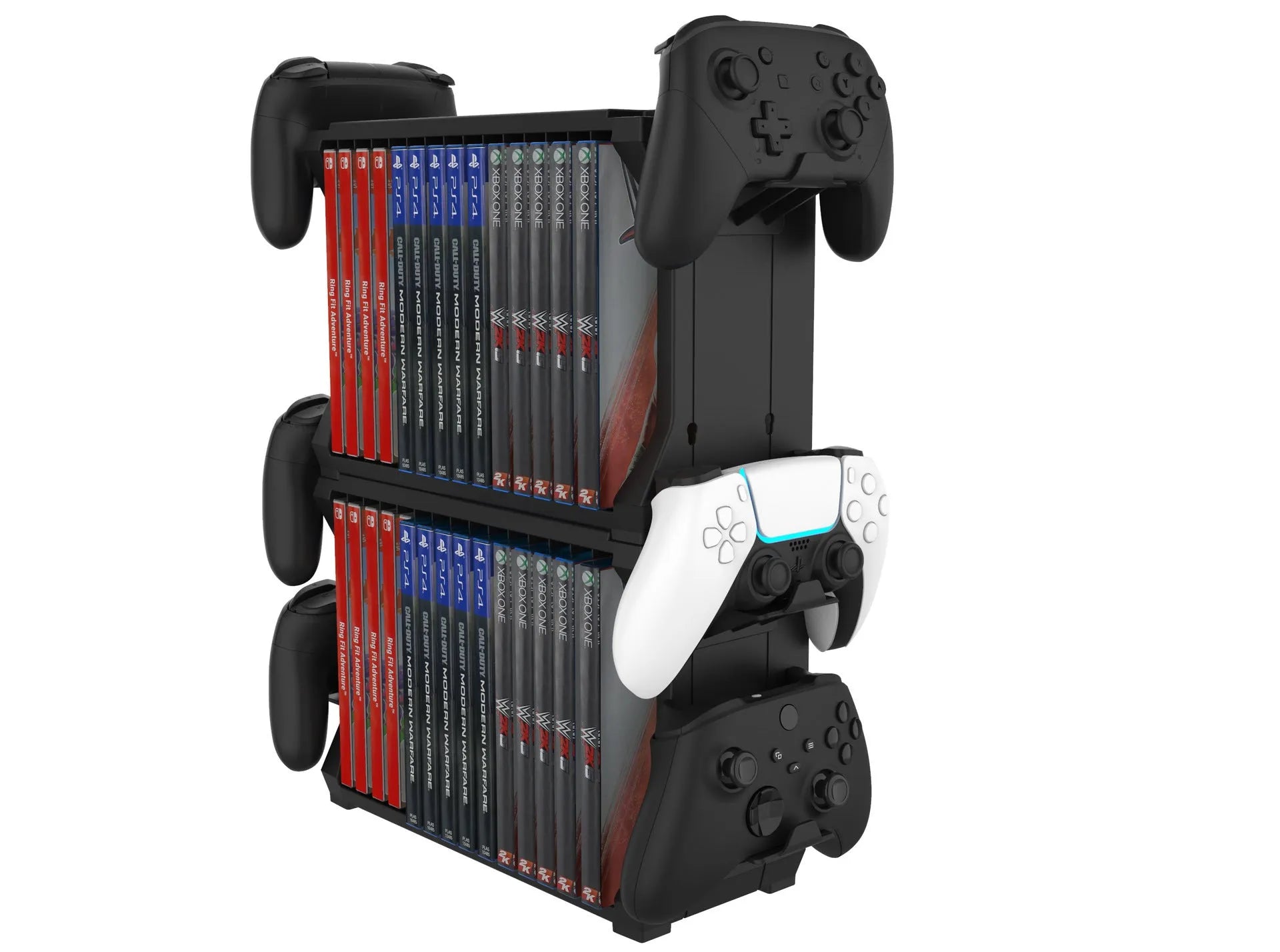 Black PS5 disc holder and console stand with game cartridge compartments and controller charging dock