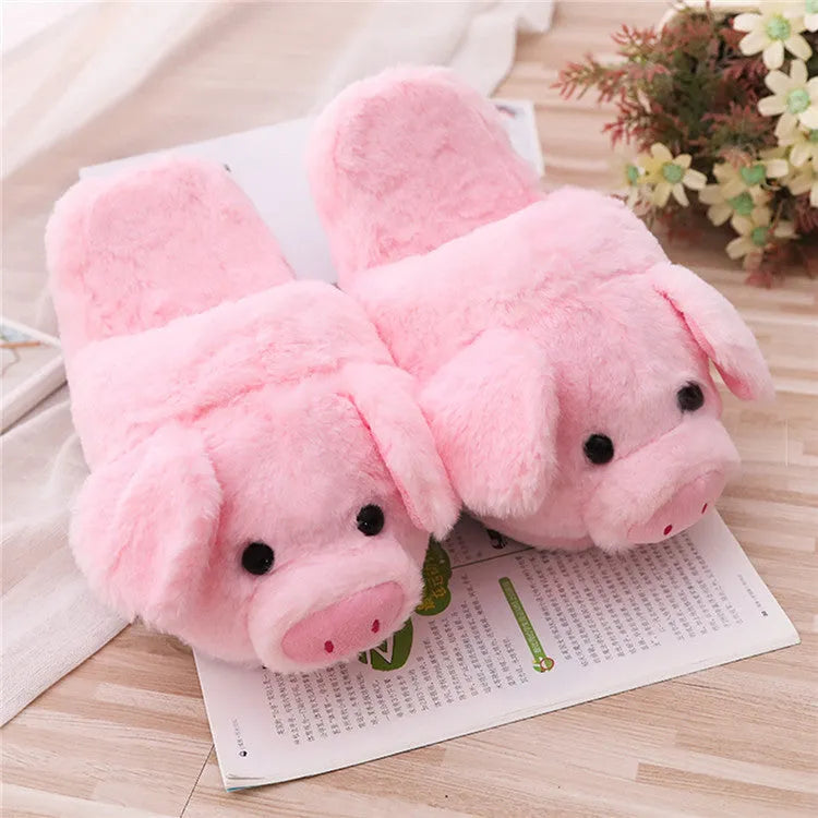 Pink pig-shaped floor slippers with short plush material and PP cotton filling on size chart
