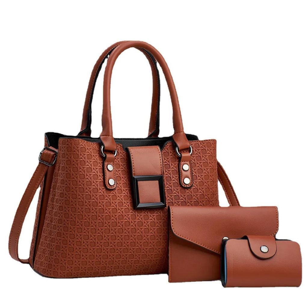 Women's three-piece textured PU crossbody bag set showing multiple compartments and woven detailing