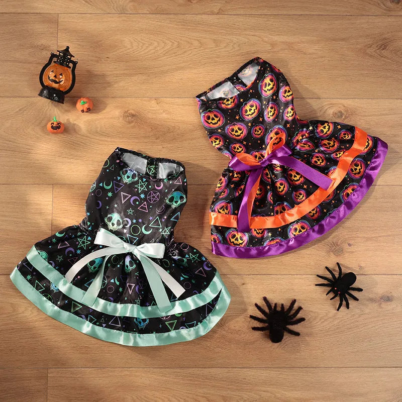 Halloween dog skirt with colourful pumpkin pattern, double-layer construction, shown on model dog.
