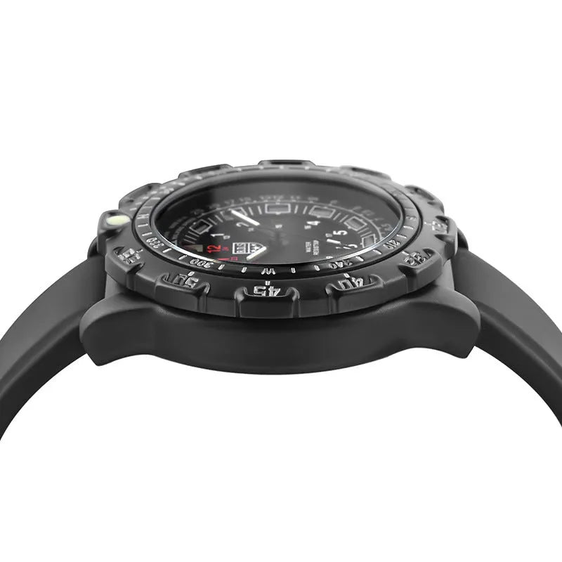 Men's quartz military watch with 45mm round alloy case, silicone band, and luminous dial on a neutral background