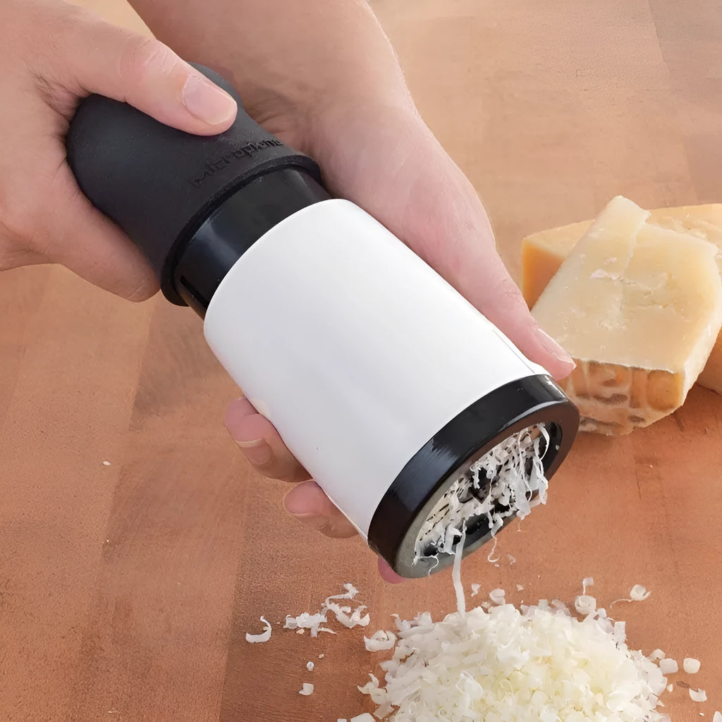 Stainless steel rotary cheese grater mill with two blades, 17 x 7.3cm, black and white finish
