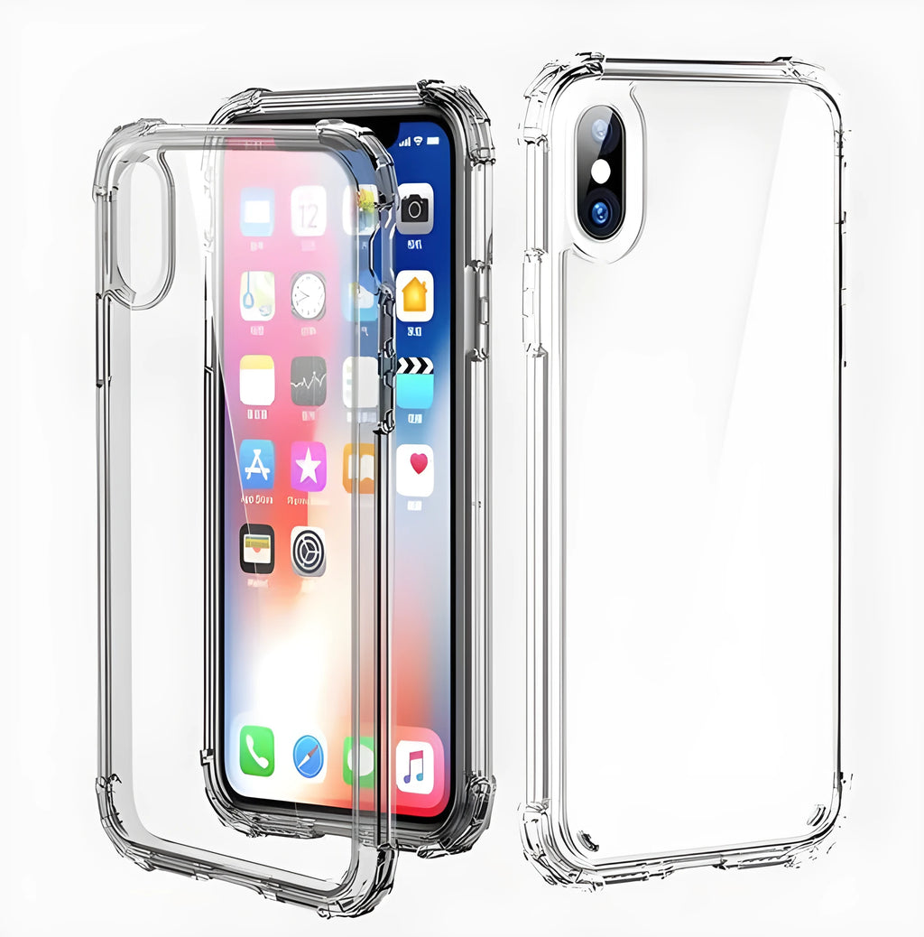 Transparent TPU back cover case for iPhone, showing clear design on a phone.