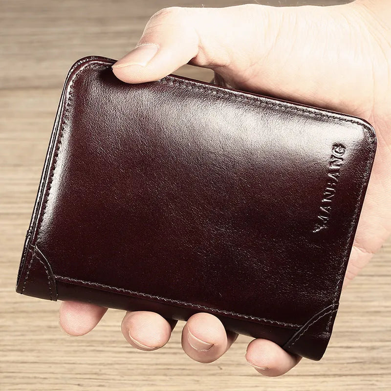Men's leather wallet showing multiple compartments including card slots and change pocket