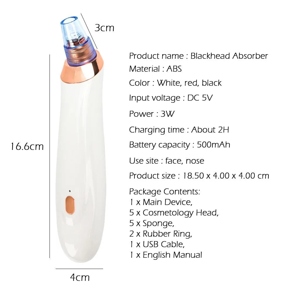 Electric blackhead extractor tool in black, gold, red, or white with interchangeable nozzles.